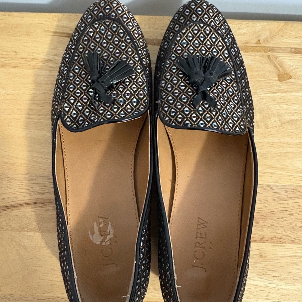 J. Crew Jacquard Tassel Loafers Black Gold Geometric Pattern Size 9 Old Money - Picture 5 of 12